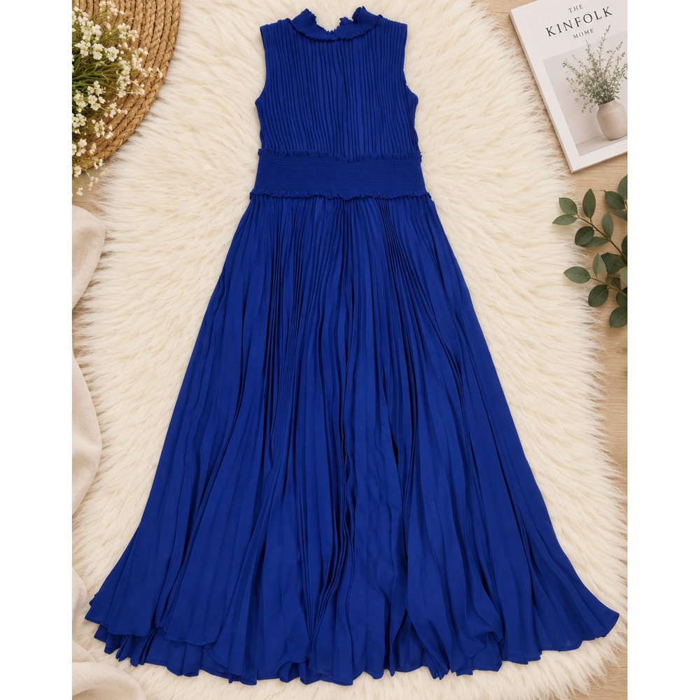 Nanette Lepore Blue Fit & Flare High Neck Sleeveless Pleated Dress 4